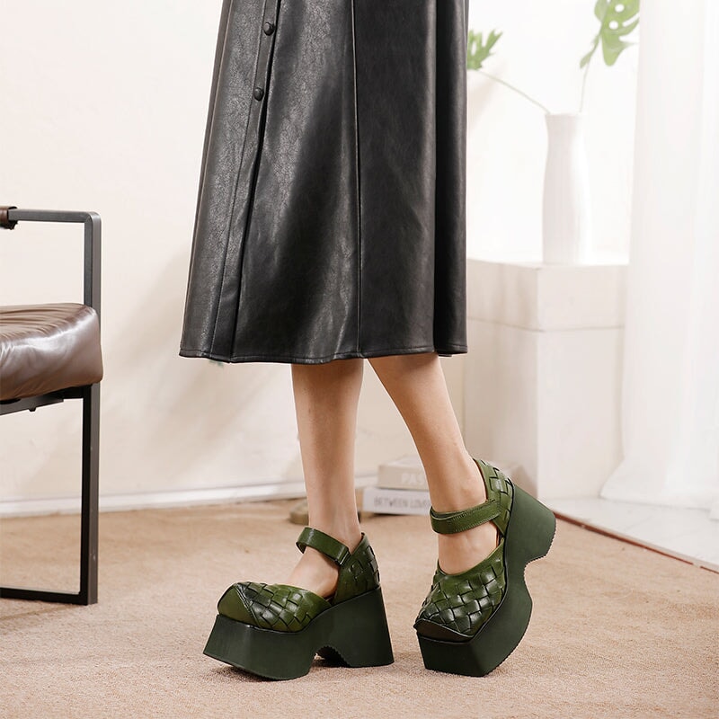 100mm Chunky Woven Leather Square Toe Mary Jane Platform Heels in Green/Black