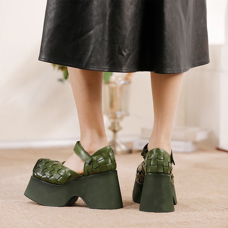 100mm Chunky Woven Leather Square Toe Mary Jane Platform Heels in Green/Black