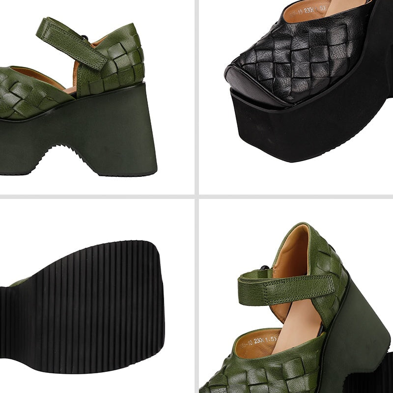 100mm Chunky Woven Leather Square Toe Mary Jane Platform Heels in Green/Black