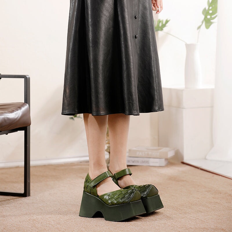 100mm Chunky Woven Leather Square Toe Mary Jane Platform Heels in Green/Black