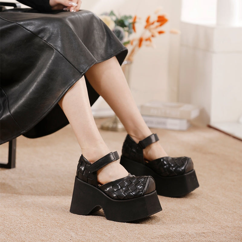 100mm Chunky Woven Leather Square Toe Mary Jane Platform Heels in Green/Black