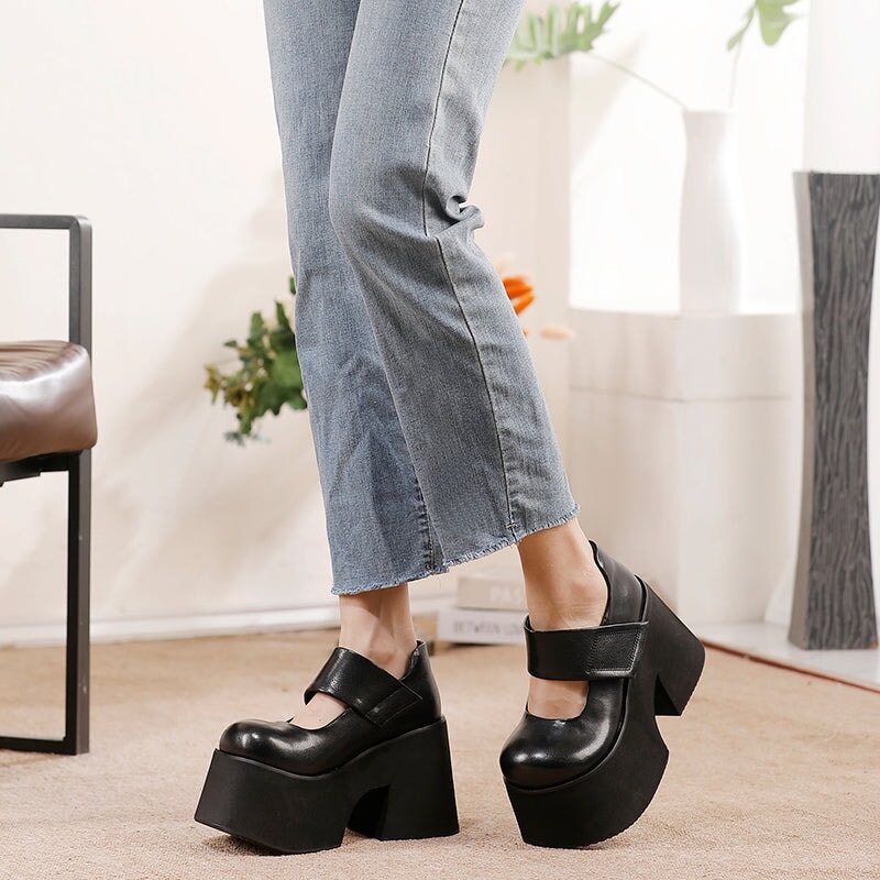 100mm Edgy Handmade Leather Platform Mary Jane Heels with Velcro in Brown/Black