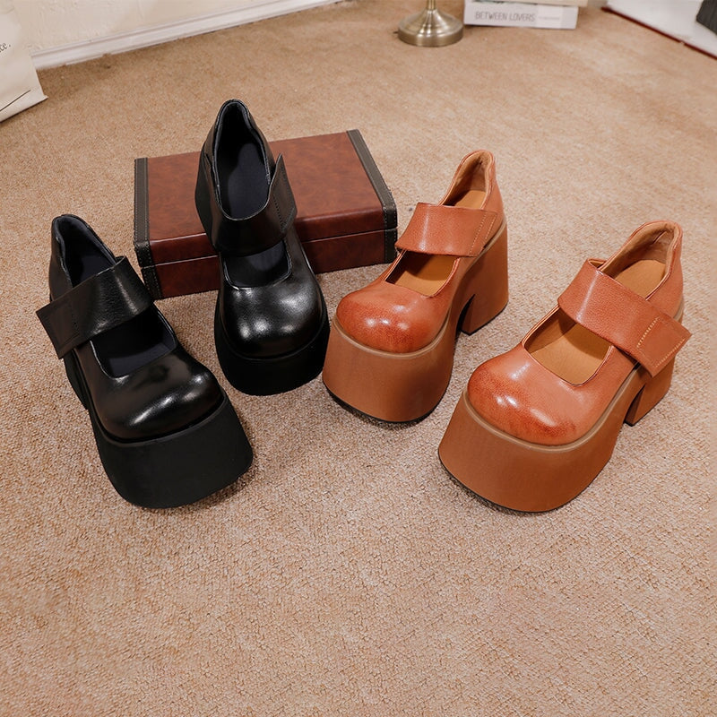 100mm Edgy Handmade Leather Platform Mary Jane Heels with Velcro in Brown/Black