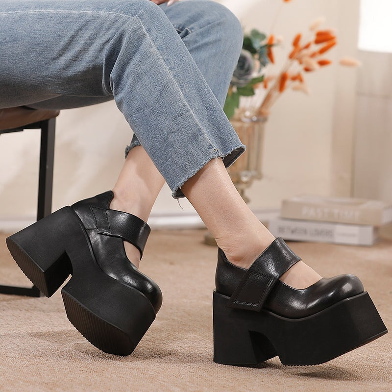 100mm Edgy Handmade Leather Platform Mary Jane Heels with Velcro in Brown/Black