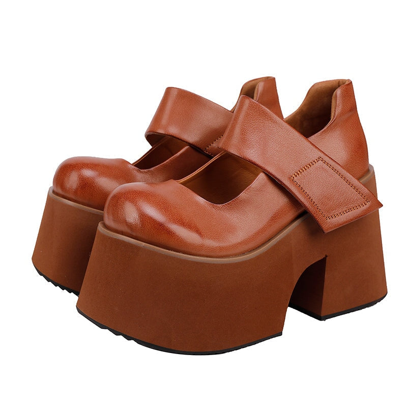 100mm Edgy Handmade Leather Platform Mary Jane Heels with Velcro in Brown/Black