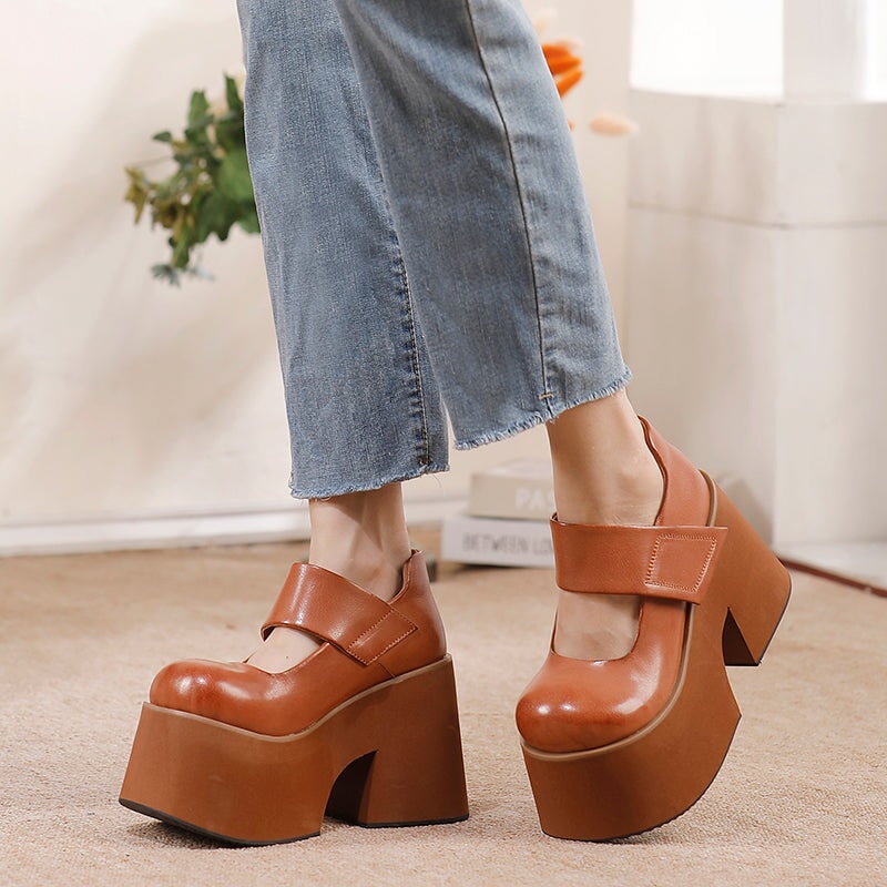 100mm Edgy Handmade Leather Platform Mary Jane Heels with Velcro in Brown/Black