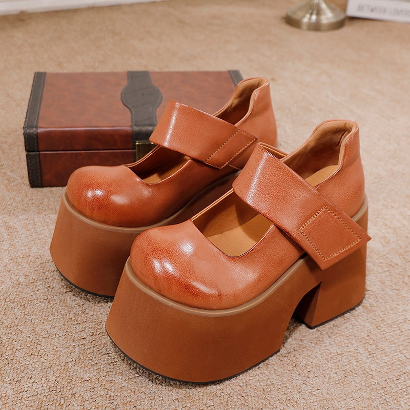 100mm Edgy Handmade Leather Platform Mary Jane Heels with Velcro in Brown/Black