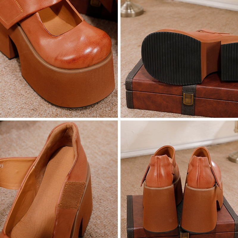 100mm Edgy Handmade Leather Platform Mary Jane Heels with Velcro in Brown/Black