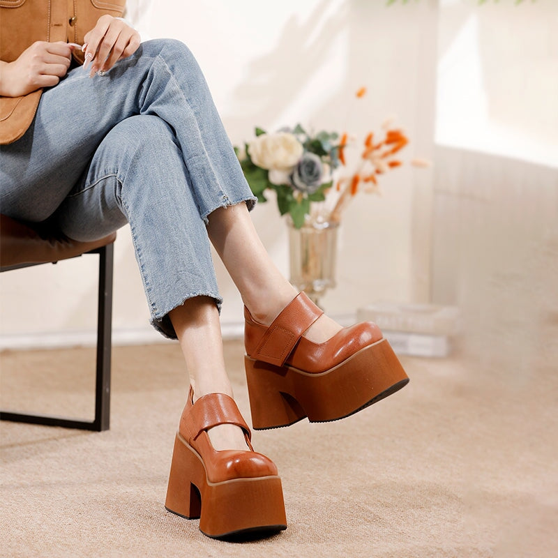 100mm Edgy Handmade Leather Platform Mary Jane Heels with Velcro in Brown/Black