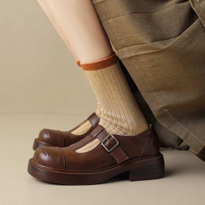40mm Leather Platform Mary Jane Shoes T Strap Cap Toe In Black/Brown