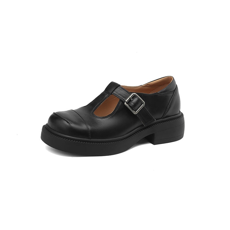 40mm Leather Platform Mary Jane Shoes T Strap Cap Toe In Black/Brown