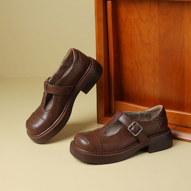 40mm Leather Platform Mary Jane Shoes T Strap Cap Toe In Black/Brown