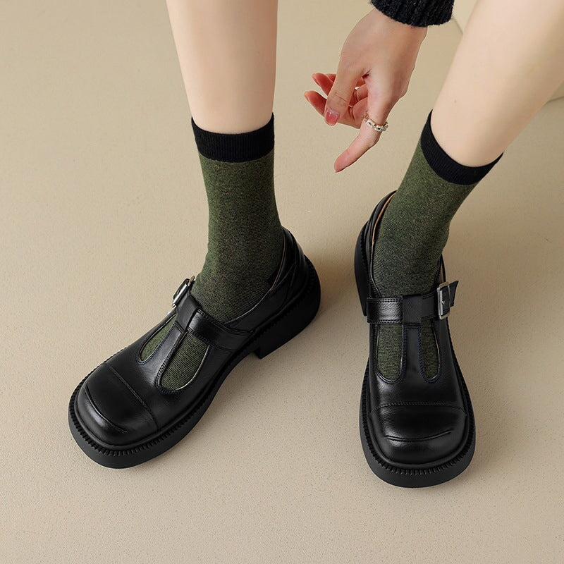 40mm Leather Platform Mary Jane Shoes T Strap Cap Toe In Black/Brown