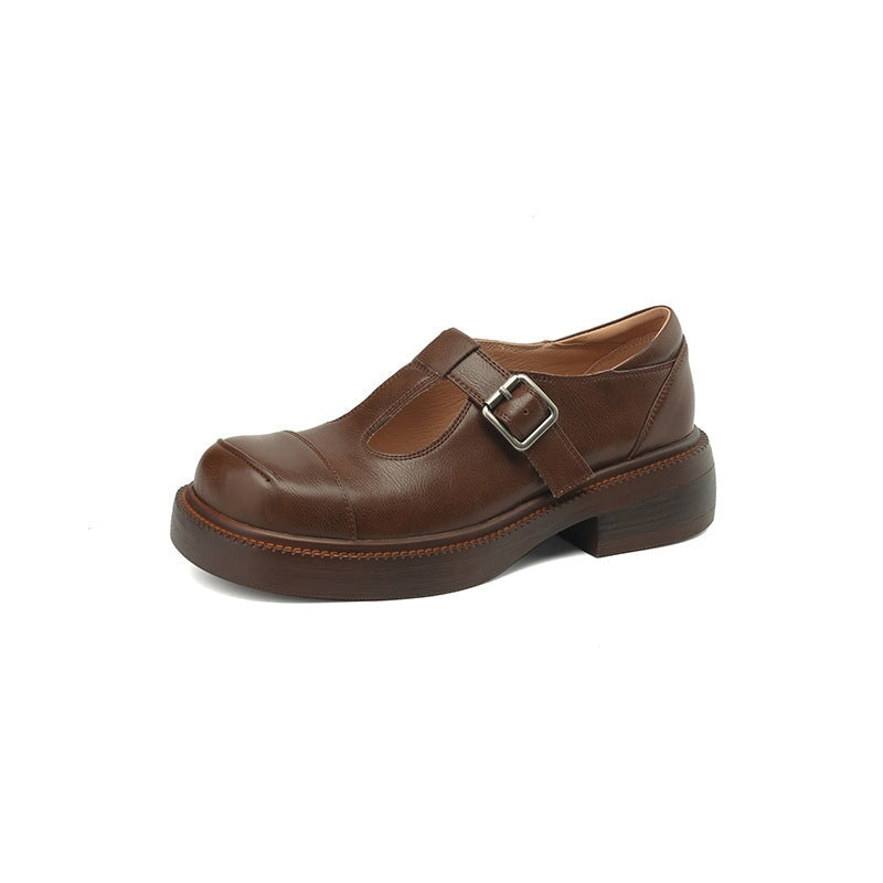 40mm Leather Platform Mary Jane Shoes T Strap Cap Toe In Black/Brown