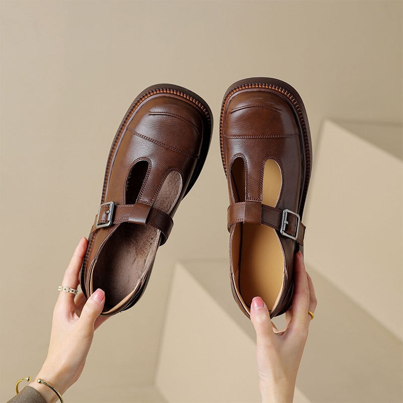 40mm Leather Platform Mary Jane Shoes T Strap Cap Toe In Black/Brown