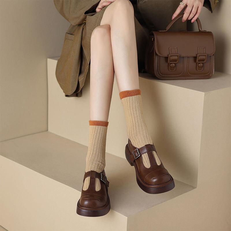 40mm Leather Platform Mary Jane Shoes T Strap Cap Toe In Black/Brown