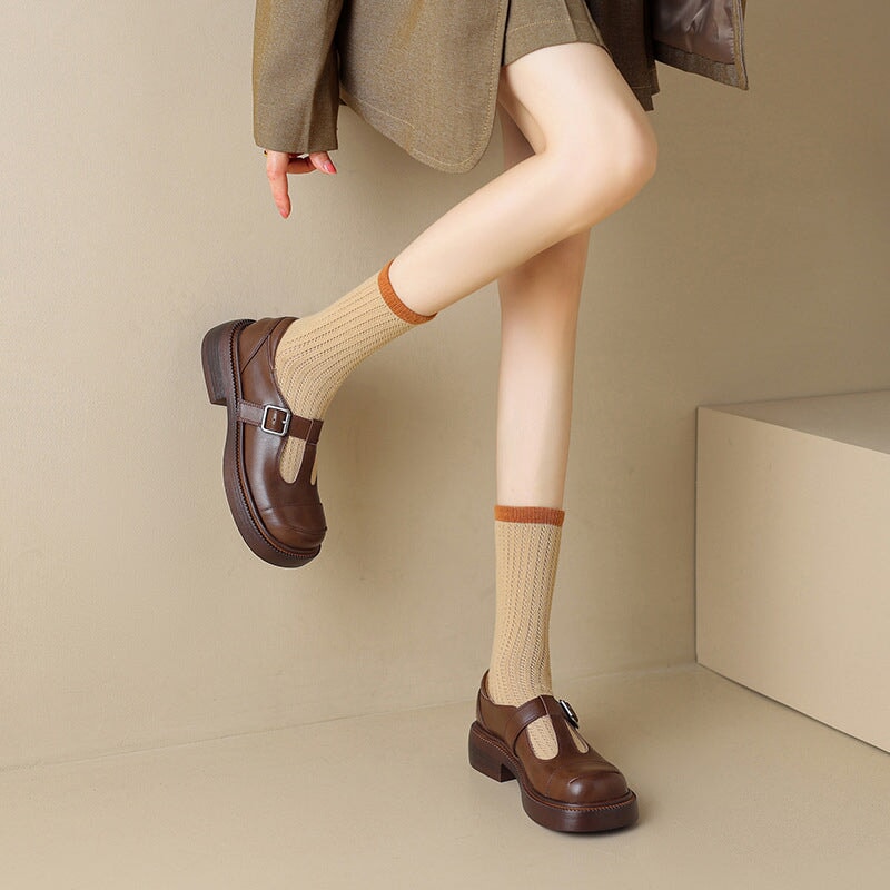 40mm Leather Platform Mary Jane Shoes T Strap Cap Toe In Black/Brown