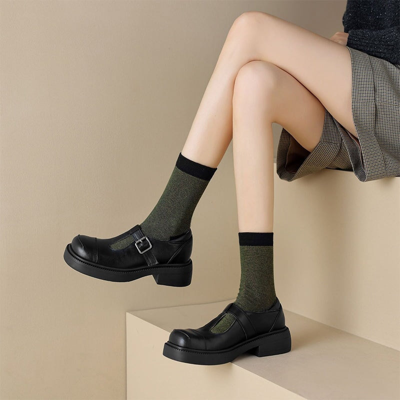 40mm Leather Platform Mary Jane Shoes T Strap Cap Toe In Black/Brown