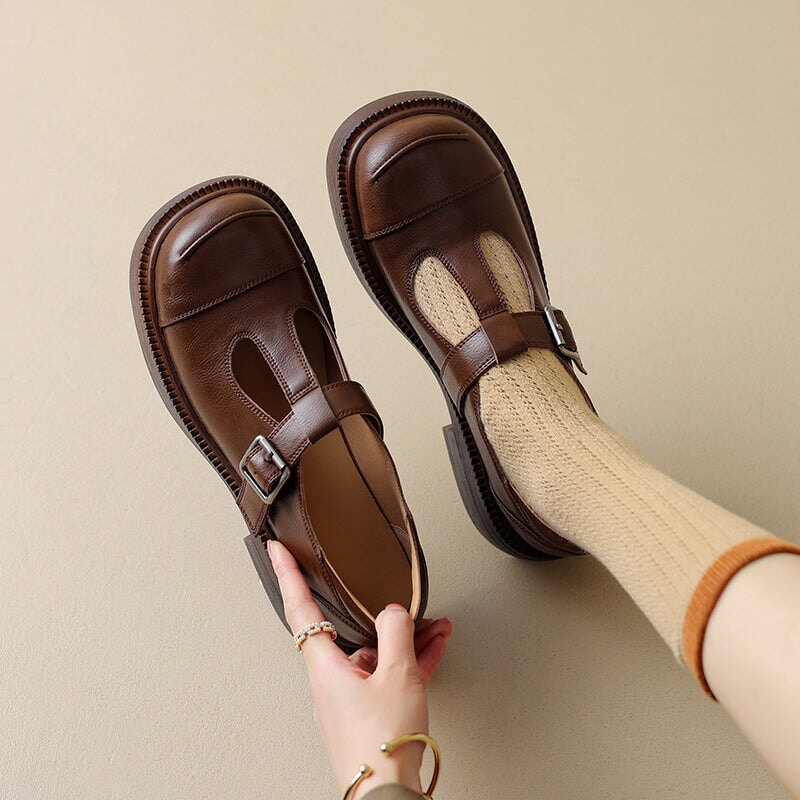 40mm Leather Platform Mary Jane Shoes T Strap Cap Toe In Black/Brown