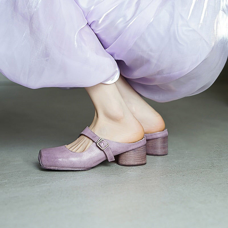 45mm Cylinder Heel Square Toe Mules Handmade Horse Leather Slippers with Metal Buckle in 6 Colors