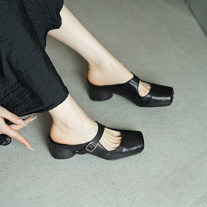 45mm Cylinder Heel Square Toe Mules Handmade Horse Leather Slippers with Metal Buckle in 6 Colors