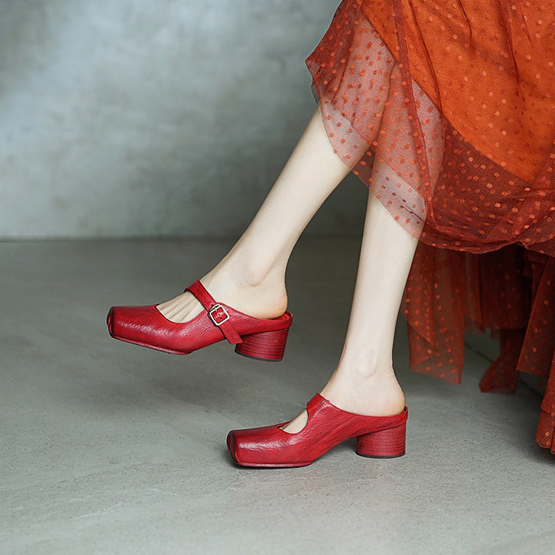 45mm Cylinder Heel Square Toe Mules Handmade Horse Leather Slippers with Metal Buckle in 6 Colors