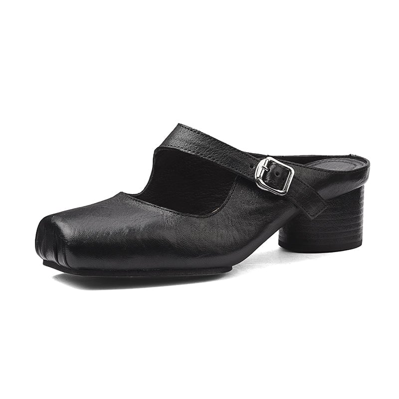 45mm Cylinder Heel Square Toe Mules Handmade Horse Leather Slippers with Metal Buckle in 6 Colors