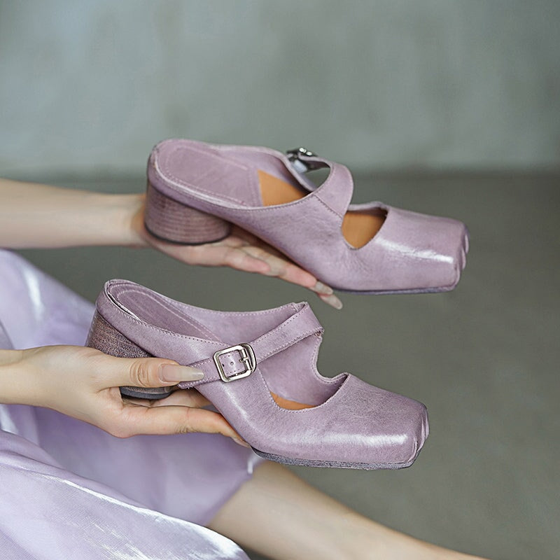 45mm Cylinder Heel Square Toe Mules Handmade Horse Leather Slippers with Metal Buckle in 6 Colors