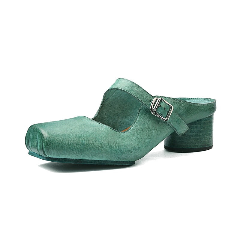 45mm Cylinder Heel Square Toe Mules Handmade Horse Leather Slippers with Metal Buckle in 6 Colors