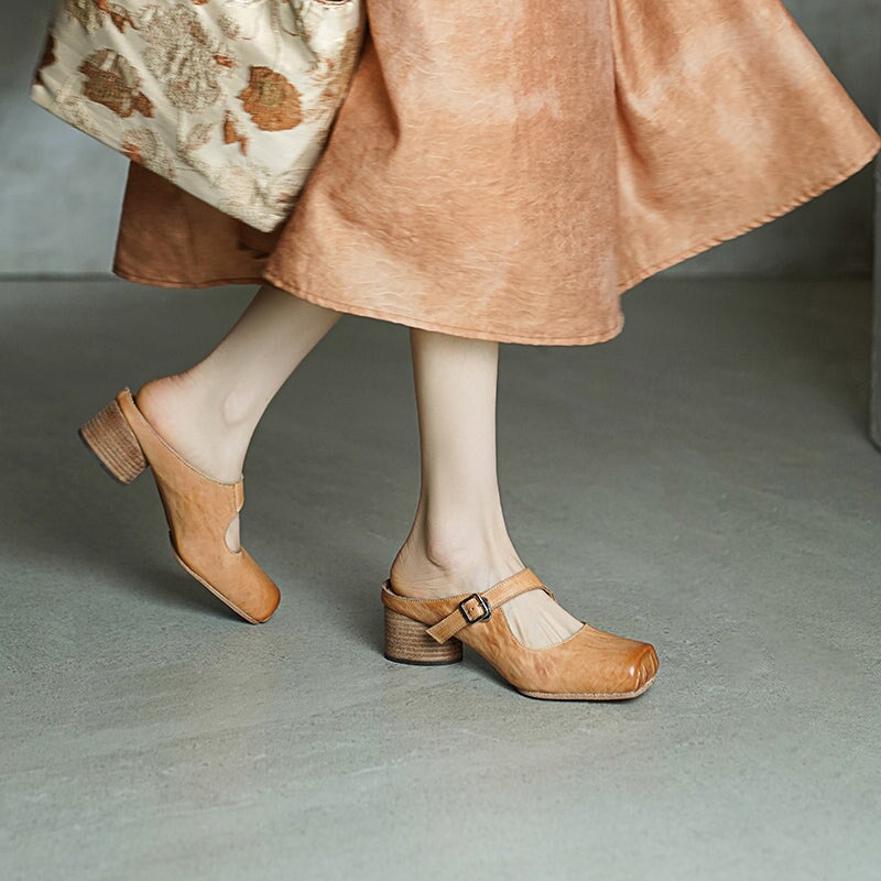 45mm Cylinder Heel Square Toe Mules Handmade Horse Leather Slippers with Metal Buckle in 6 Colors