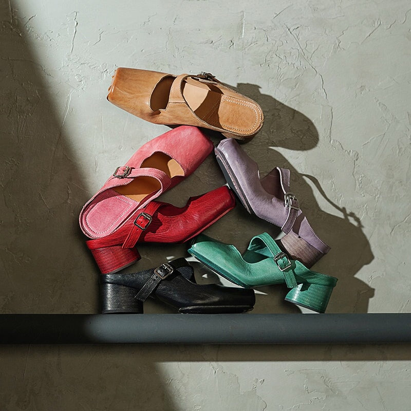 45mm Cylinder Heel Square Toe Mules Handmade Horse Leather Slippers with Metal Buckle in 6 Colors