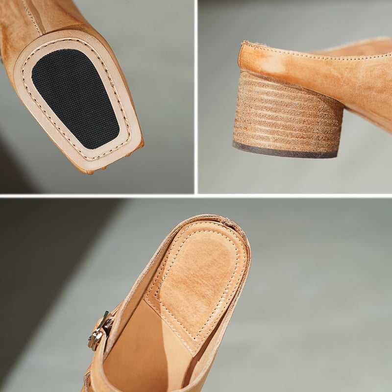 45mm Cylinder Heel Square Toe Mules Handmade Horse Leather Slippers with Metal Buckle in 6 Colors