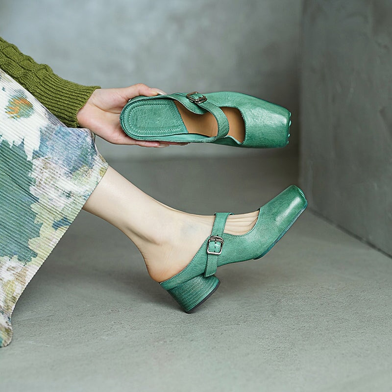 45mm Cylinder Heel Square Toe Mules Handmade Horse Leather Slippers with Metal Buckle in 6 Colors