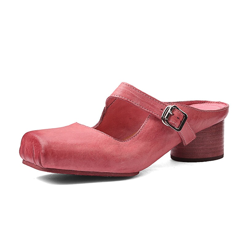 45mm Cylinder Heel Square Toe Mules Handmade Horse Leather Slippers with Metal Buckle in 6 Colors