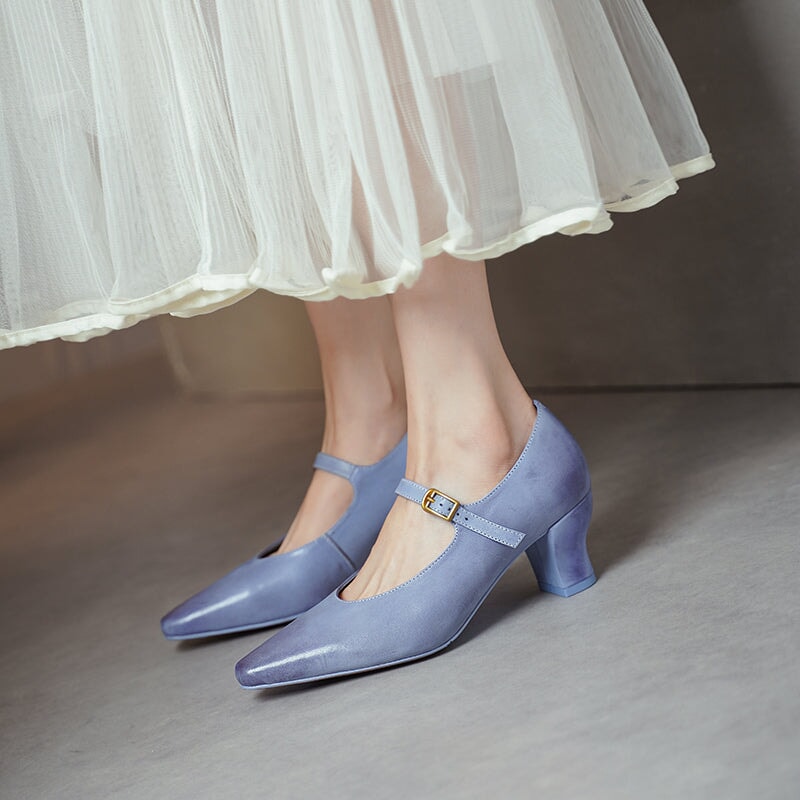 60mm Kitten Heel Point Toe Mary Jane Horse Leather Pumps in Blue/Black/White