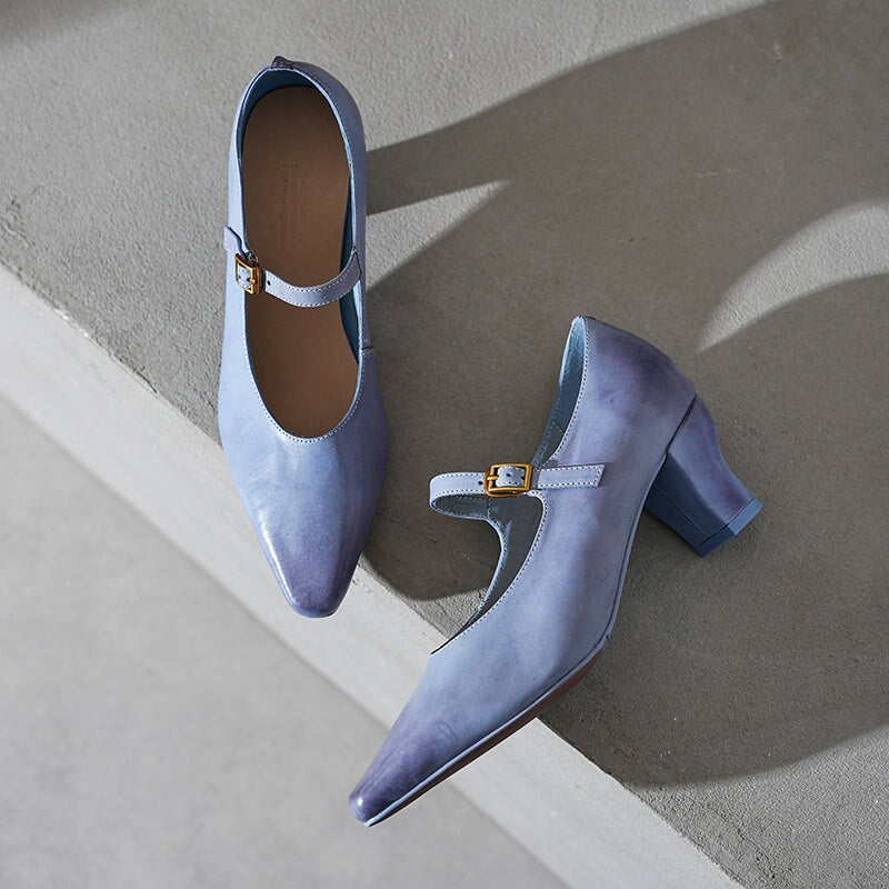 60mm Kitten Heel Point Toe Mary Jane Horse Leather Pumps in Blue/Black/White