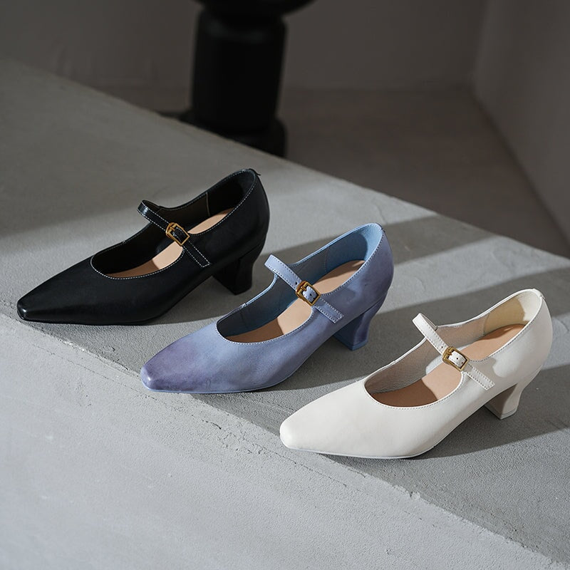60mm Kitten Heel Point Toe Mary Jane Horse Leather Pumps in Blue/Black/White