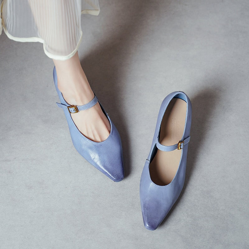 60mm Kitten Heel Point Toe Mary Jane Horse Leather Pumps in Blue/Black/White