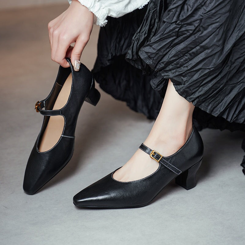 60mm Kitten Heel Point Toe Mary Jane Horse Leather Pumps in Blue/Black/White