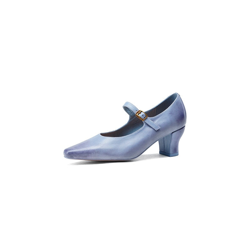60mm Kitten Heel Point Toe Mary Jane Horse Leather Pumps in Blue/Black/White