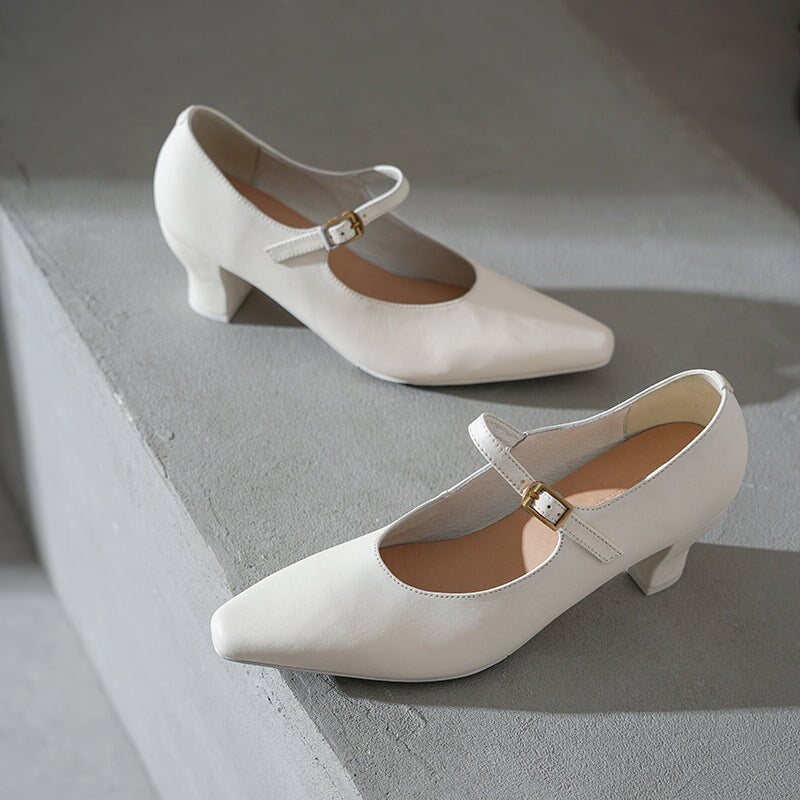 60mm Kitten Heel Point Toe Mary Jane Horse Leather Pumps in Blue/Black/White