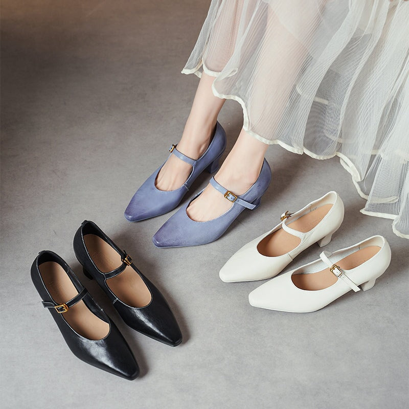 60mm Kitten Heel Point Toe Mary Jane Horse Leather Pumps in Blue/Black/White