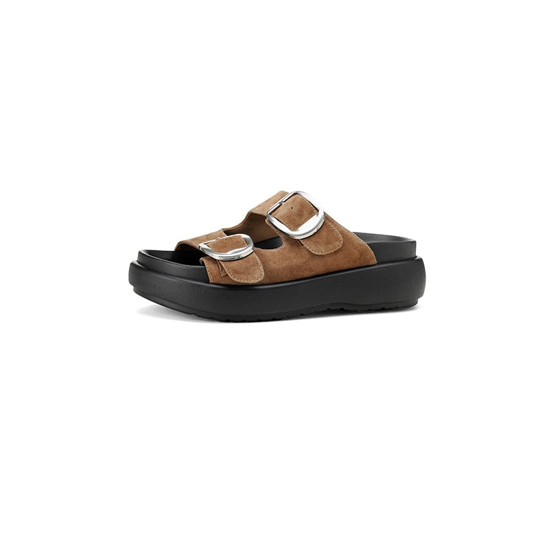 60mm Platform Leather Slippers with Double Buckle Straps Casual Footbed Sandals in Beige/Black1/Black2/Brown