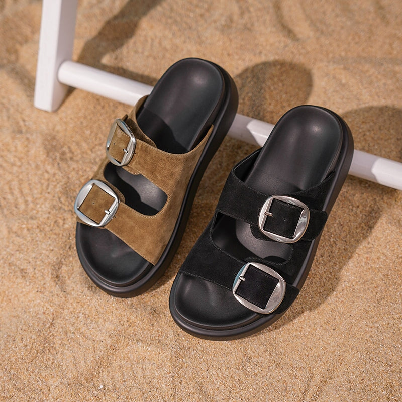 60mm Platform Leather Slippers with Double Buckle Straps Casual Footbed Sandals in Beige/Black1/Black2/Brown