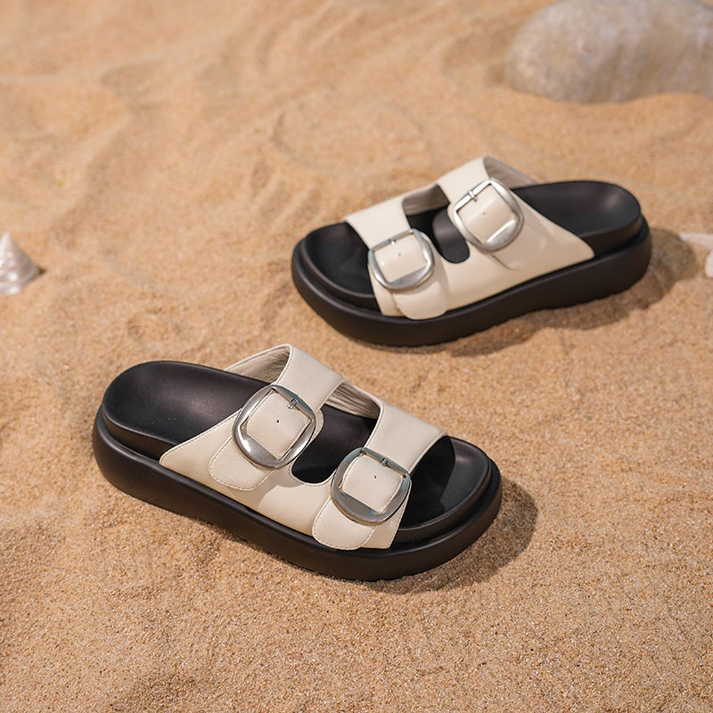 60mm Platform Leather Slippers with Double Buckle Straps Casual Footbed Sandals in Beige/Black1/Black2/Brown