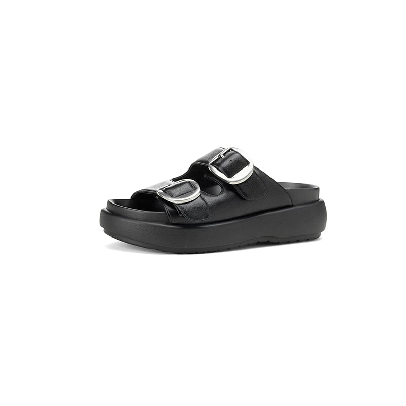 60mm Platform Leather Slippers with Double Buckle Straps Casual Footbed Sandals in Beige/Black1/Black2/Brown