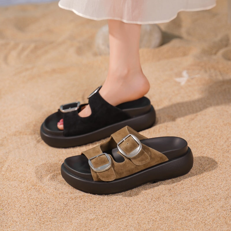 60mm Platform Leather Slippers with Double Buckle Straps Casual Footbed Sandals in Beige/Black1/Black2/Brown
