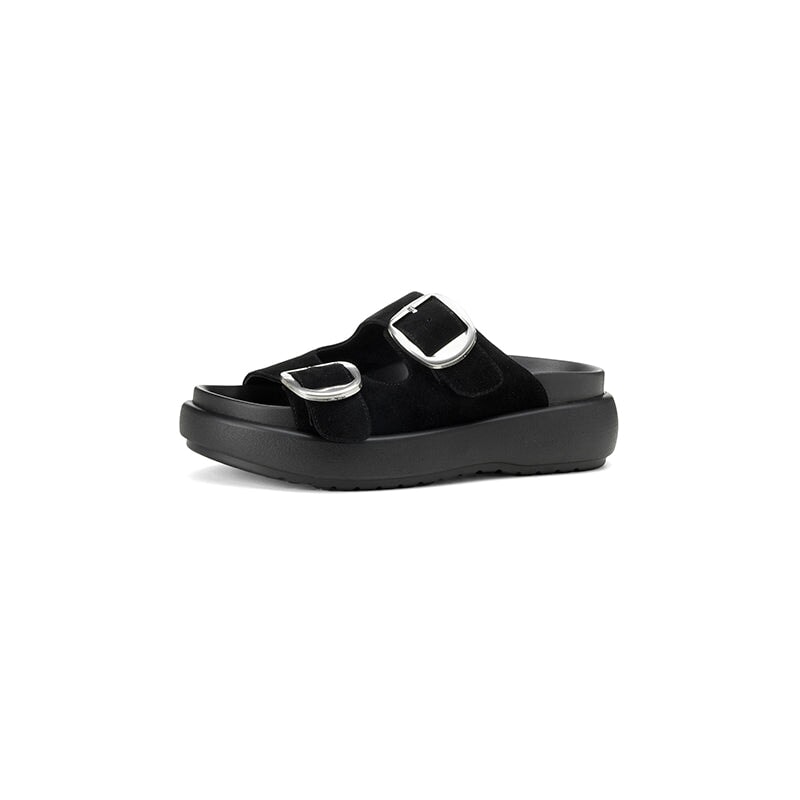 60mm Platform Leather Slippers with Double Buckle Straps Casual Footbed Sandals in Beige/Black1/Black2/Brown