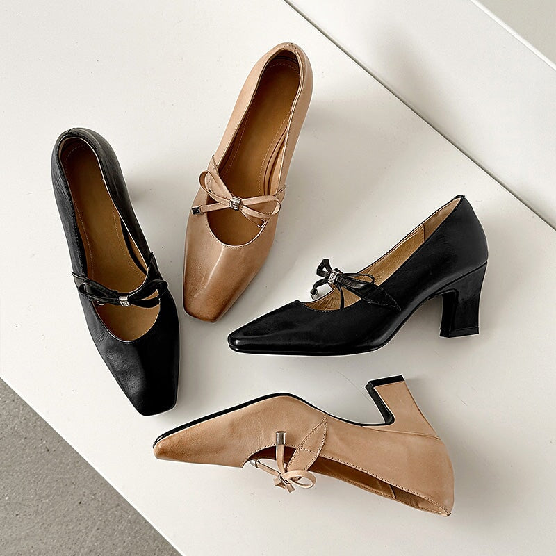 65mm Chunky Heel Square Toe Bow Leather Mary Jane Heels for Women in Apricot/Black