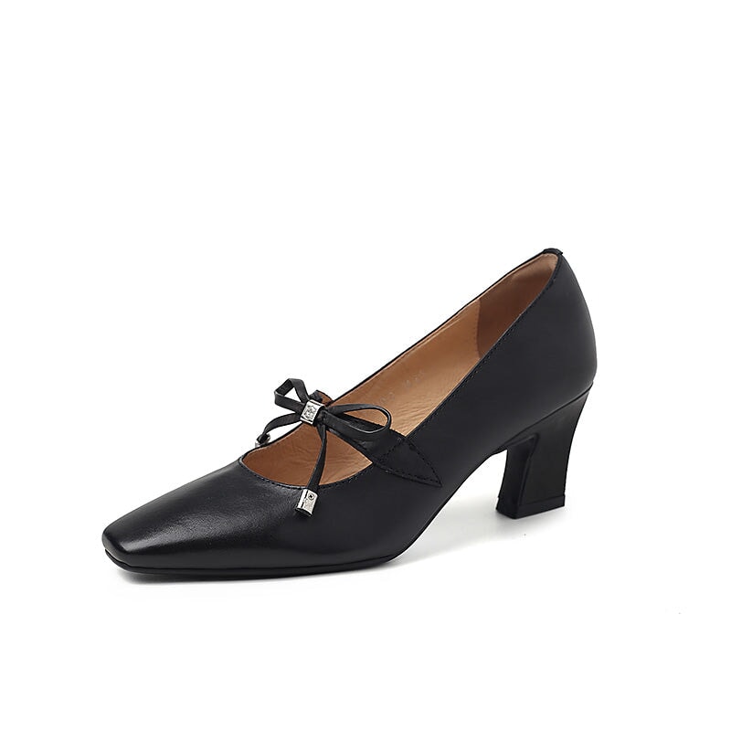 65mm Chunky Heel Square Toe Bow Leather Mary Jane Heels for Women in Apricot/Black